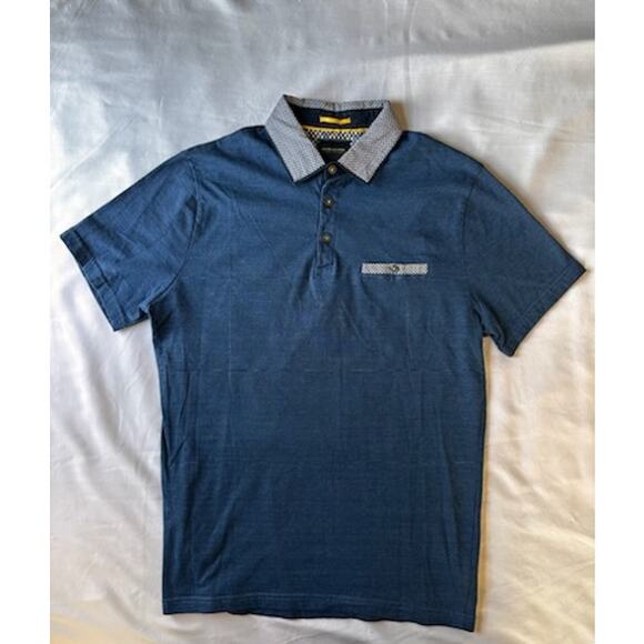 Denim & Flower Men's Medium Short Sleeve Polo Unique Geometric Collar Navy Blue - Picture 1 of 5